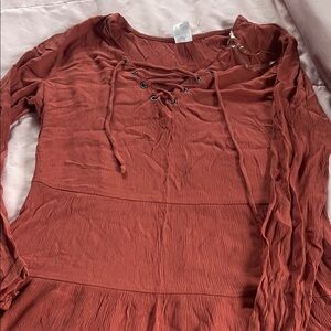 Rust Lace-Up Long Sleeve Dress